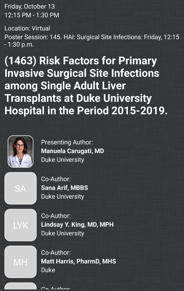 #TxID faculty Dr. Carugati is presenting her poster virtually right now on surgical site infections in liver transplant recipients! #IDWeek2023