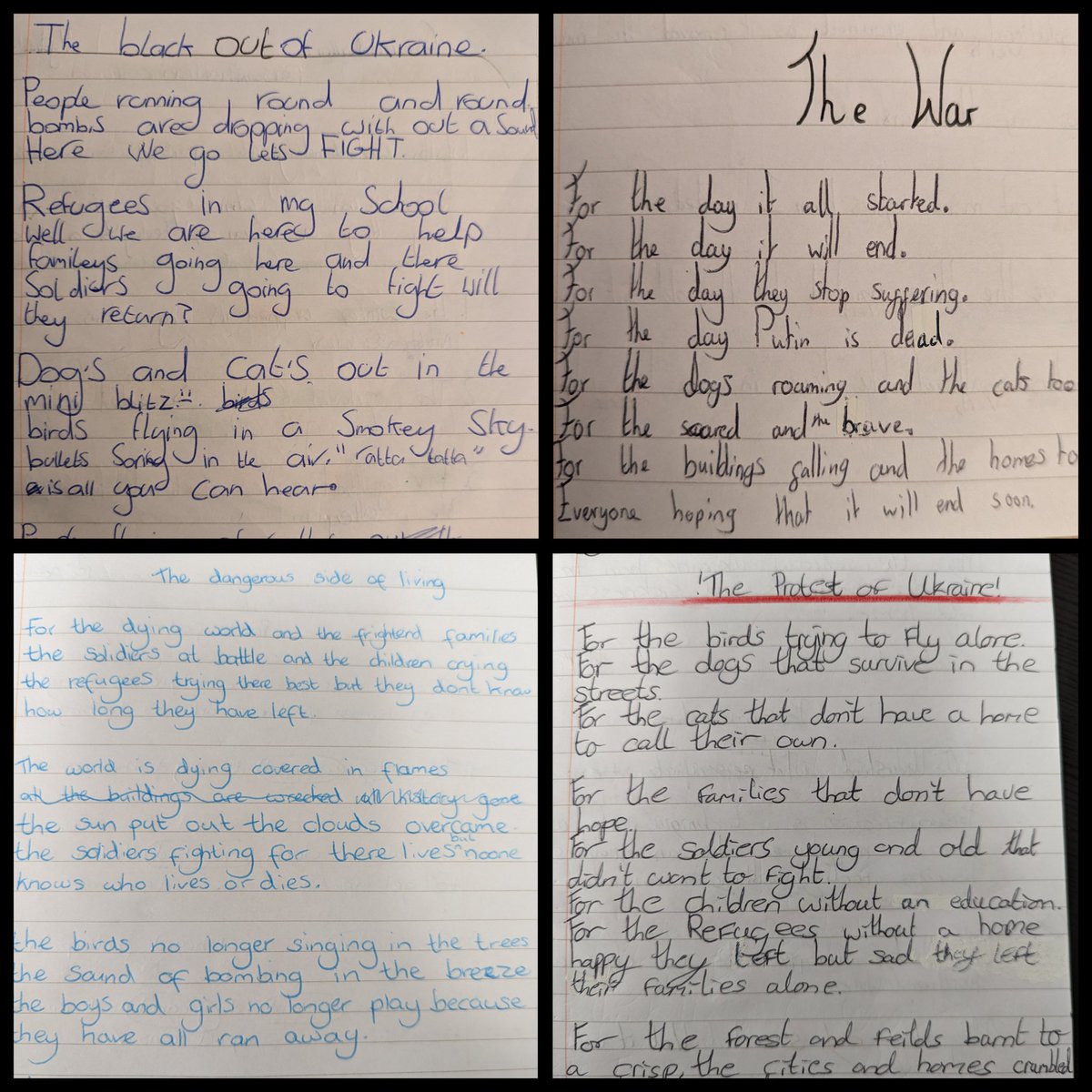 AlunSchoolEng's tweet photo. Using Gillian Clarke's Lament for inspiration, some of Mrs Griffiths' lovely year 7s have been writing poems for the people of Ukraine this week. https://t.co/lLnr4d3pSV