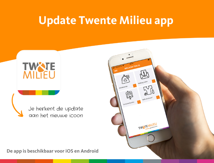 TwenteMilieu's tweet photo. Onze Twente Milieu app heeft een update gehad, zodat 'ie op alle telefoons en tablets weer optimaal werkt. Je herkent de update aan het nieuwe icoon. Maak jij al gebruik van de nieuwste versie? Check het in de App Store of Play Store. https://t.co/PKuOrILV4a