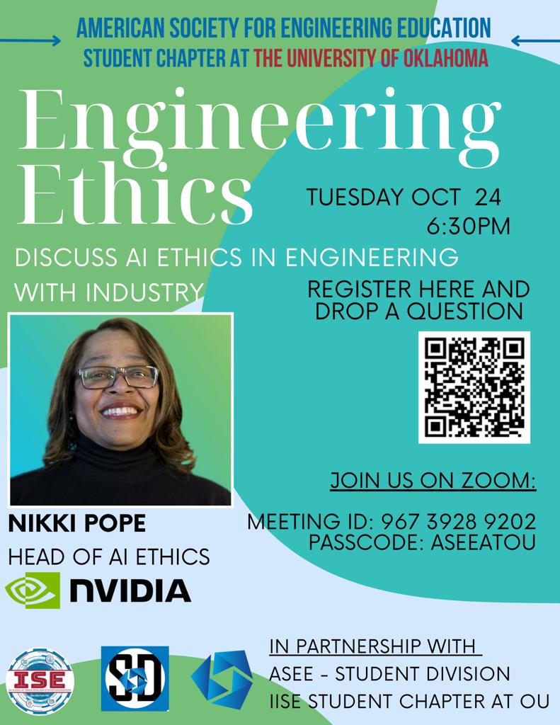 👋Engineering students and educators, join the first virtual series on #AIethics in #engineeringeducation. Learn from NVIDIA’s AI ethics head Nikki Pope. Brought to you by @asee_sd and OU ASEE student chapter. Share your questions! 
#AIED #NVIDIA  #engineeringeducation