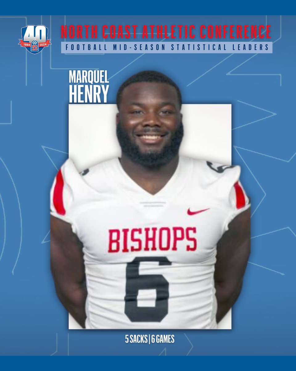 NCAC's tweet photo. The @NCAC 2023 🏈 Mid-Season Statistical Leaders are...

▪️Marquel Henry of @OWUbishopfb/@OWUSport: 5 Sacks 
▪️Drew Thornton of @OWUbishopfb/@OWUSport: 57 Tackles

#NCACPride | #NCACfb https://t.co/3fkbm1e8rm