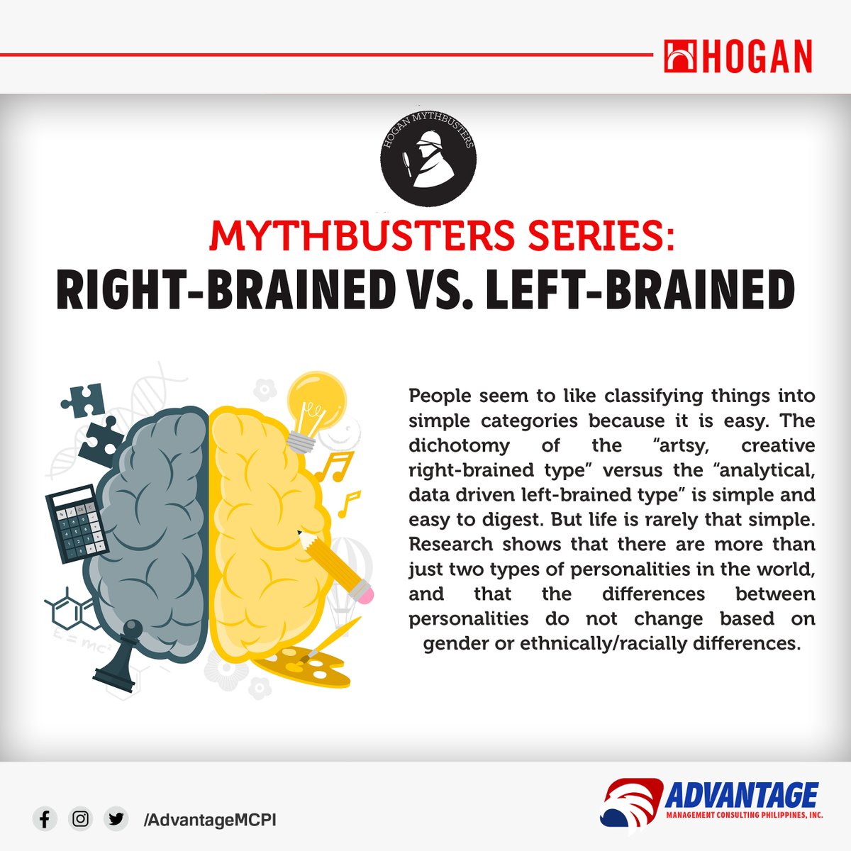 AdvantageMCPI's tweet photo. According to research from the University of Utah, individuals do not show a more dominant functioning side of the brain. 

READ MORE: https://t.co/zvBpVToUqK

#HoganAssessments #AdvantagePH #myth #brain https://t.co/w7xx6AZYuf