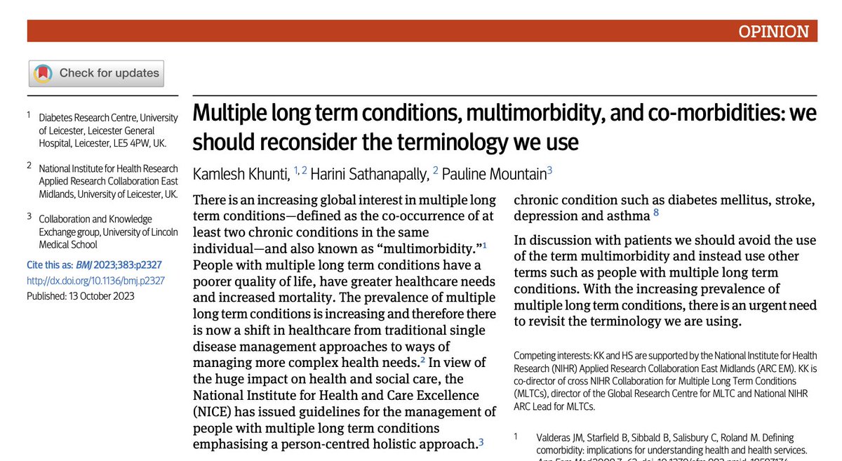 Prof Kamlesh Khunti (@kamleshkhunti) on Twitter photo Our article published <a href="/bmj_latest/">The BMJ</a>
We should avoid the use of the term "multimorbidity" - it is associated with a negative image
Instead use the term "Multiple Long Term Conditions"
With Harini <a href="/HSathanapally/">Harini Sathanapally</a> & Pauline <a href="/pmountainmbe/">Pauline Mountain MBE</a>
bmj.com/content/383/bm… Our article published <a href="/bmj_latest/">The BMJ</a>
We should avoid the use of the term "multimorbidity" - it is associated with a negative image
Instead use the term "Multiple Long Term Conditions"
With Harini <a href="/HSathanapally/">Harini Sathanapally</a> & Pauline <a href="/pmountainmbe/">Pauline Mountain MBE</a>
bmj.com/content/383/bm…