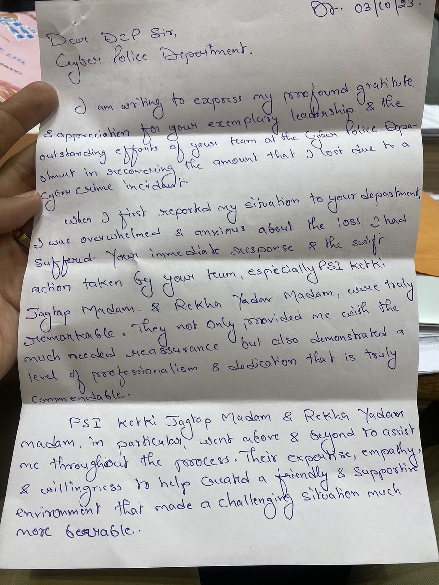 archit_IPS's tweet photo. Trying to bust the myth that cyber fraud victims don't get their money back!! This one such complainant got back 12 Lakh ₹ within a record time of 25 days and wrote a lovely appreciation letter. Over the past months, our dedicated Cyber Team has ensured more than 3 crore ₹ + is refunded back to victims and much more is in process! Stay alert & Report Cyber Crimes at 1930 / Nearest Cyber PS. Time is of the essence. #CyberSafe #MaharashtraPolice #NagpurPolice