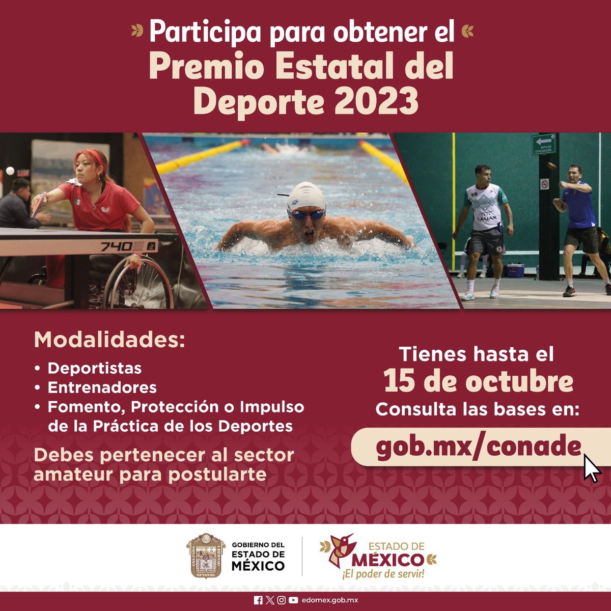 Si eres un deportista destacado participa para obtener el #PremioEstatalDelDeporte2023🏆.
Tienes hasta el 15 de octubre.
Consulta la convocatoria en:
🌐 bit.ly/3LWh6wu
#ElPoderDeServir