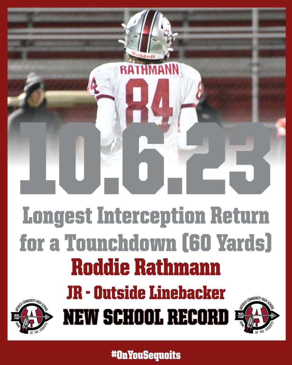 Last Friday against the Grant Bulldogs, Junior OLB Roddie Rathman picked off a pass and returned it 60 yards to the endzone establishing a new school record for an Interception returned for a TD.

#OnYouSequoits