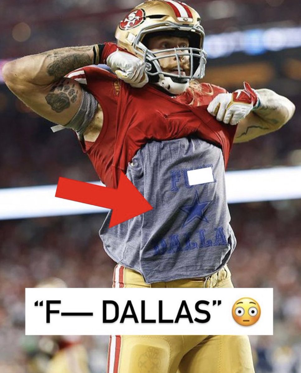 JFowlerESPN's tweet image. The NFL has fined 49ers TE George Kittle $13,699 for use of abusive language for his profane Dallas T-shirt displayed after a touchdown last week, per source. (Photo via @SportsCenter)