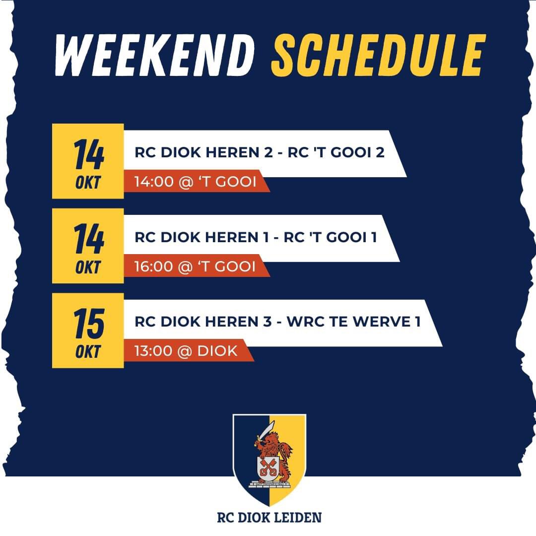 💙 DIOK MATCH SCHEDULE 💛 
Zaterdag spelen de Future Klasse en Ereklasse uit, tegen ’t Gooi.
Zondag speelt Heren 3 thuis tegen WRC TeWerve.
Ivm de herfstvakantie speelt de jeugd geen competitie. 
De TBM spelen districtswedstrijden; een aantal teams spelen het JvB toernooi in HvH.