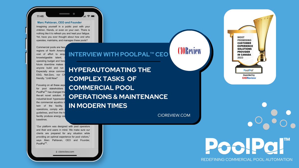poolpalautomate's tweet photo. Check out this interview with PoolPal™ CEO Marc Pahlavan! We are honoured to be awarded Most Promising Customer Experience Solutions Provider in Canada by @cioreview
https://t.co/3y8X18GILa https://t.co/ruwwtPqNk4
