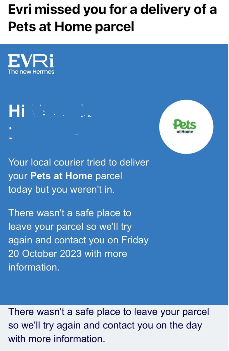 Please @PetsatHome consider using a courier that’s not #Evri - they didn’t attempt delivery so I guess we just don’t feed the dog for a week?!