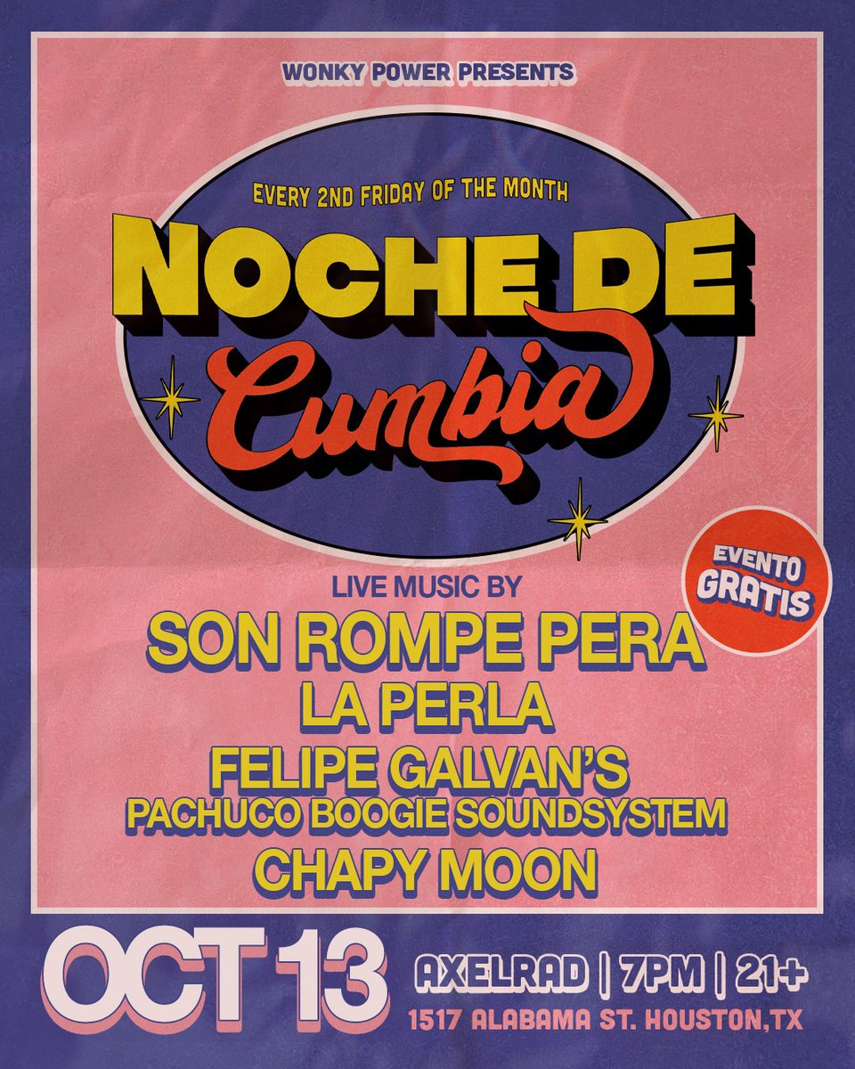 The biggest Cumbia party in Houston returns tonight Friday the 13th with a blazing lineup! Special international guests @sonrompepera @laperlabogota
Costumes encouraged 🐸👹🎃👻
Free pori pa' la razita. Nos vemos! 21+ only. Arrive early and stay late! Only @axelradhouston tonight