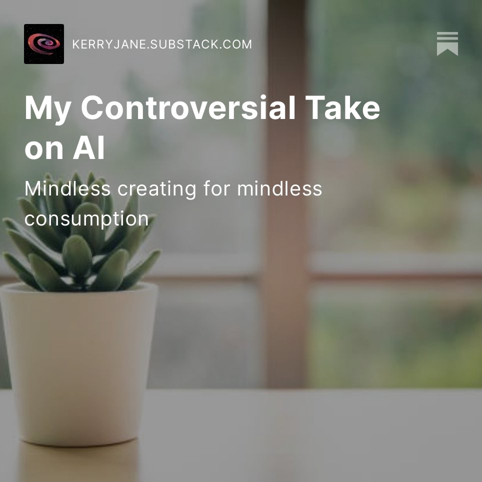 KerryKelvas's tweet photo. What do other writers here think about AI? 
#amwriting  #AI #ChatGPT #writersoftwitter #writinglife #writerscommunity #writing #fiction #askauthor #substack 

https://t.co/2I9UsQZD8H https://t.co/7BUPgwPD7N