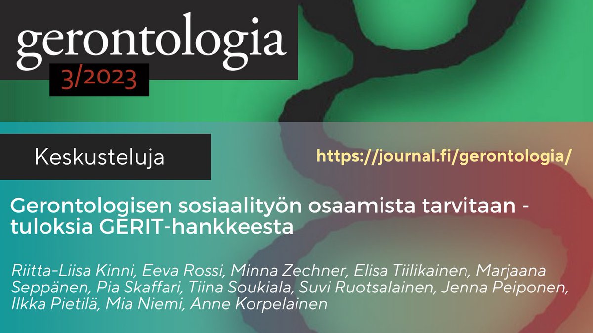 Gerontologisen sosiaalityön tarve kasvaa väestön vanhetessa, havaitsi <a href="/GERIT_hanke/">GERIT-tutkimushanke</a>. Sen saatavuus on silti heikkoa ja vaihtelee alueittain, vaikka sen avulla voitaisiin lisätä hyvinvointia, puuttua vaikeisiin elämäntilanteisiin &amp; vaikuttaa hoivatarpeisiin. doi.org/10.23989/geron…