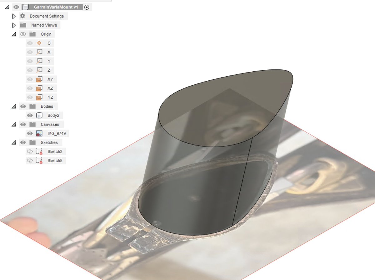 I'm working on a Garmin Varia bike light mount for an irregularly shaped seat post. It's satisfying when Fusion's "canvas" option works so well first try!