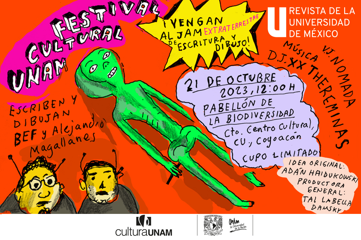 Se viene un nuevo Jam de escritura en México, y será ¿¡Extraterrestre!? 
👽 Solo con registro en el enlace 📷 bit.ly/3tlejGI 📷 
Pabellón Nacional de la Biodiversidad

<a href="/CulturaUNAM/">CulturaUNAM</a>
<a href="/Magallanes71/">Alejandro Magallanes</a>
<a href="/monorama/">Dio(BEF)s</a>
<a href="/doctoramolina/">Doctora Molina</a> 
<a href="/tailabellamx/">Tai La Bella Damsky</a> 
<a href="/haiduland/">Haidu Kowski</a>