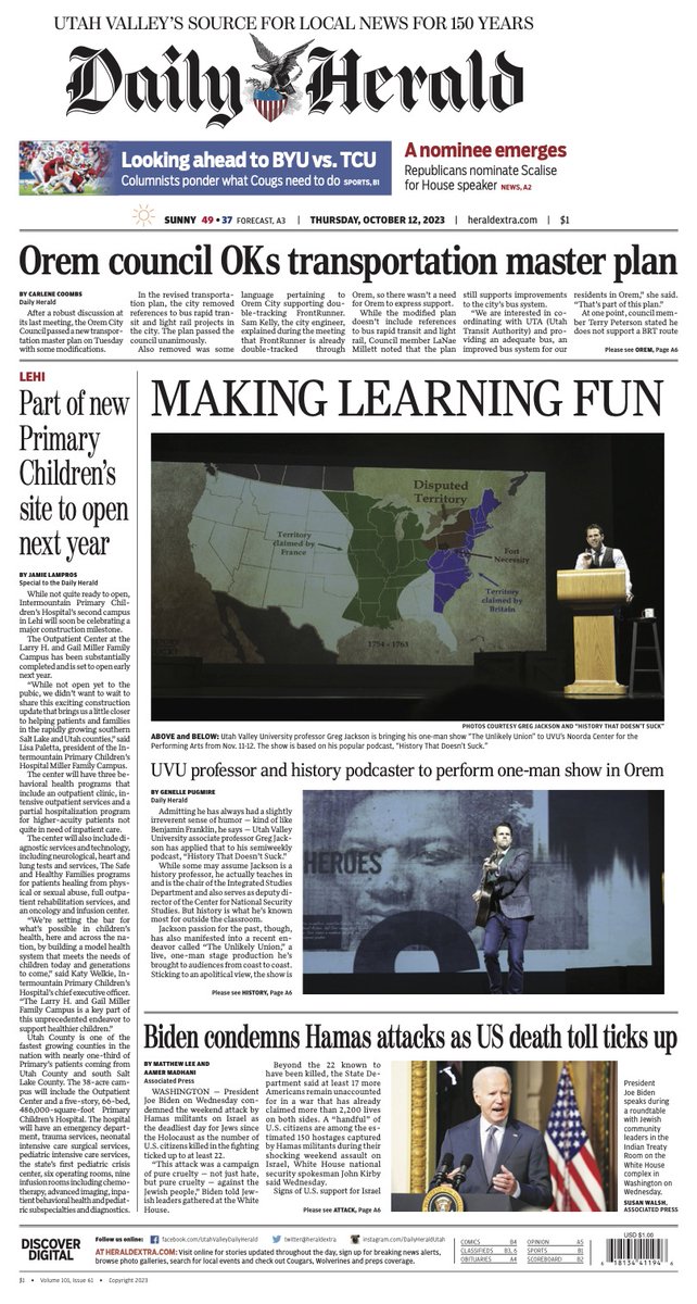 ProfGregJackson's tweet image. Thank you Daily Herald for the front-page coverage! I'm bringing @HTDSpod live to @UVU's @NoordaCenterUVU in Orem, UT, on Nov. 10-11. Would love to see you there. Tix: uvunoorda.universitytickets.com/w/event.aspx?S…