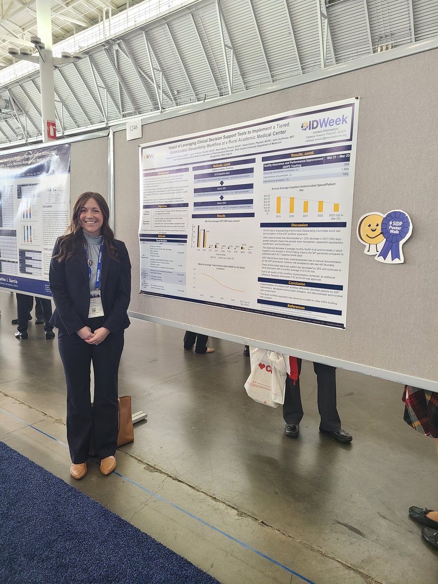 <a href="/cylewhite/">Cyle White</a> <a href="/Nisha1115PharmD/">Nisha Patel</a> <a href="/MeganKlatt3/">Megan Klatt</a> Next on the <a href="/SIDPharm/">SIDP</a> Poster Walk <a href="/GranulicaTESSA/">Catessa Howard</a> presents on "Impact of Leveraging Clinical Decision Support Tools to Implement a Tiered #AntimicrobialStewardship Workflow at a Rural Academic Medical Center" #SIDP2023 #IDWeek2023