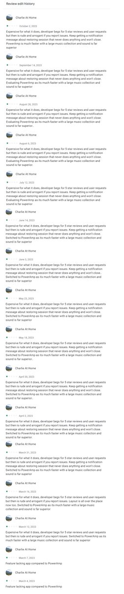 YatseRemote's tweet photo. So @GooglePlay @googledevs can you explain me how this user behavior (Updating his com after each app release for 8 months) does not violate the rules that contains:
Don't post the same review multiple times.
Don't post reviews to mislead other users or manipulate the rating. https://t.co/pKG9HemzsH