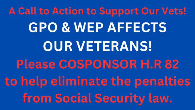 <a href="/RepMeuser/">Congressman Dan Meuser</a> Are you aware that Veterans are affected by the Windfall Elimination Provision (WEP) and Government Pension Offset (GPO)?
Please #CosponsorHR82 to #EliminateWEPGPO to show our Vets and all Americans you genuinely care.