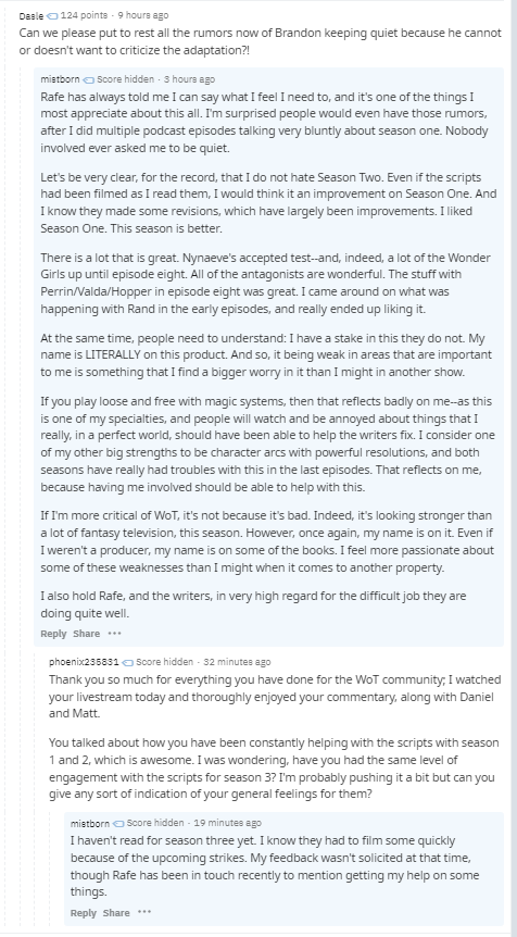 Just in case anybody didn't think Sanderson was an arrogant, narcissistic prick. "i care so much about this product im really invested in it" attitude doesnt really match with "i havent actually watched the fucking show, btw"

#twitteroftime