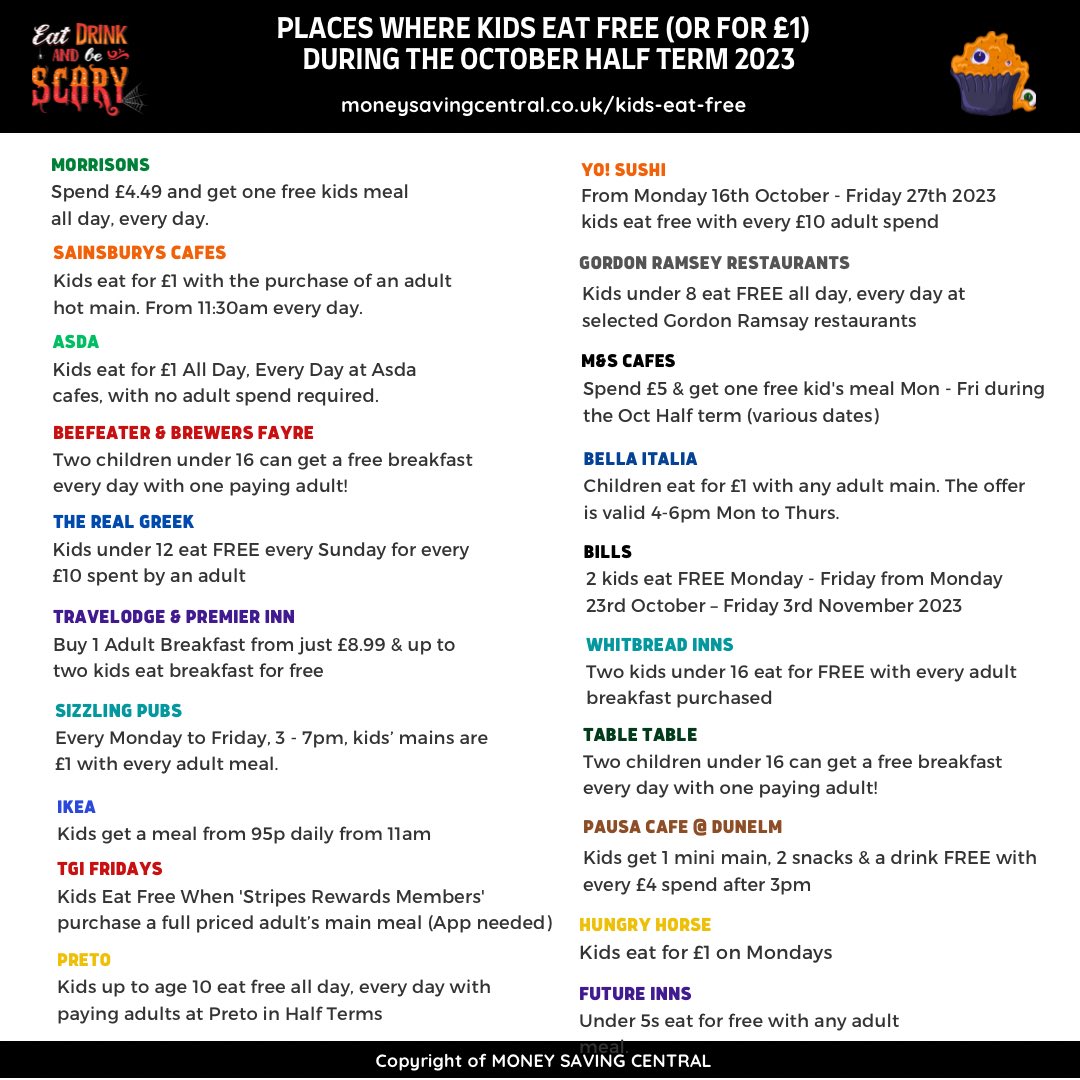 🎃 Places Where Kids Eat Free (or for £1) During October Half Term 2023 👻
Updates will be added here 👉 moneysavingcentral.co.uk/kids-eat-free