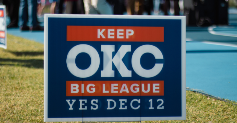 OKCBigLeague's tweet photo. It's time we built an arena worthy of our city and purpose-built for big-time events and basketball in the 21st century. YES Dec. 12 to support our city's economy, jobs and quality of life, without raising taxes. 
#keepokcbigleague