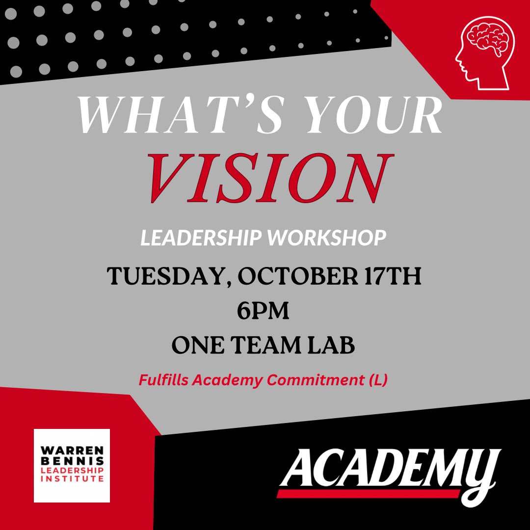 Join the Academy and Warren Bennis Leadership Institute <a href="/WarrenBennisUC/">The Warren Bennis Leadership Experience</a> for our Leadership Workshop on Tuesday! In this workshop you will be guided to create your own personal leadership mission statement and vision board. 
#gobearcats #leadership 🐾