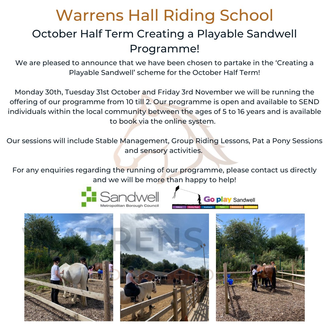 We're delighted to share the announcement of the running of our October Half Term Creating a Playable Sandwell Programme! 🐴🎃

All spaces are available to book via our online booking system: warrenshallriding.ecpro.co.uk 🐴 

@sandwellcouncil @goplaysandwell