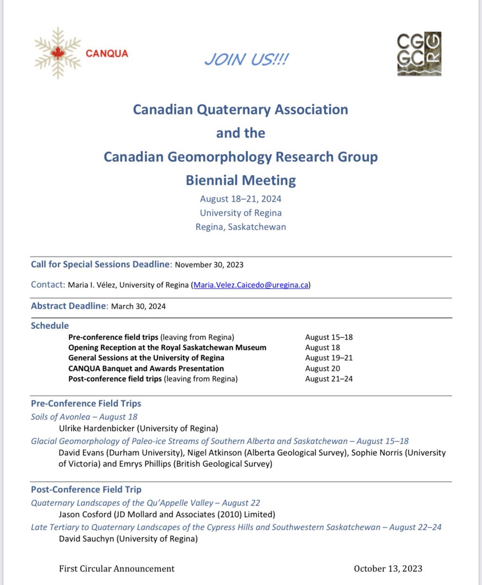 The Canadian Quaternary Association #CANQUA joint with <a href="/CGRG_GCRG/">CGRG</a> will be meeting next August (18-21) in Regina. Please consider proposing a special session (by Nov 30) and attending!  Field trips on southern Alberta Ice Streams, Cypress Hills, and Prairie Soils.   See attached.
