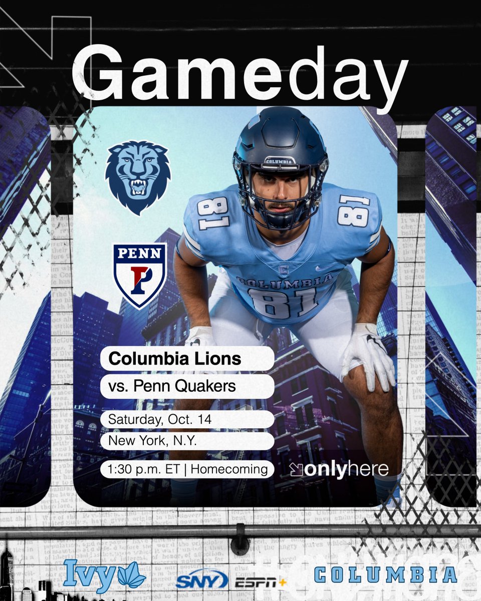 Ready for a homecoming battle!

🆚 Penn
🏟 Kraft Field at Wien Stadium 
📍 🗽 
⏰ 1:30 p.m. ET 
📺 <a href="/SNYtv/">SNY</a>  
💻 es.pn/3nNfEnv
📊 bit.ly/3LmbEkW 

#RoarLionRoar 🦁🏈