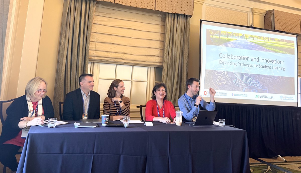 LIVE at #NASPAA2023: SPA’s Heather Hamilton, Director of Graduate &amp; Faculty Affairs, discusses how to expand pathways for student learning with Aaron Carpenter (<a href="/Glenn_college/">John Glenn College</a>), Dana Harsell (<a href="/UNDBusiness/">Nistler CoBPA</a>), <a href="/DVertenten/">Dora Kingsley Vertenten</a> (<a href="/USCPrice/">USC Price School</a>), and Kate Hallihan (<a href="/Glenn_college/">John Glenn College</a>). 📚