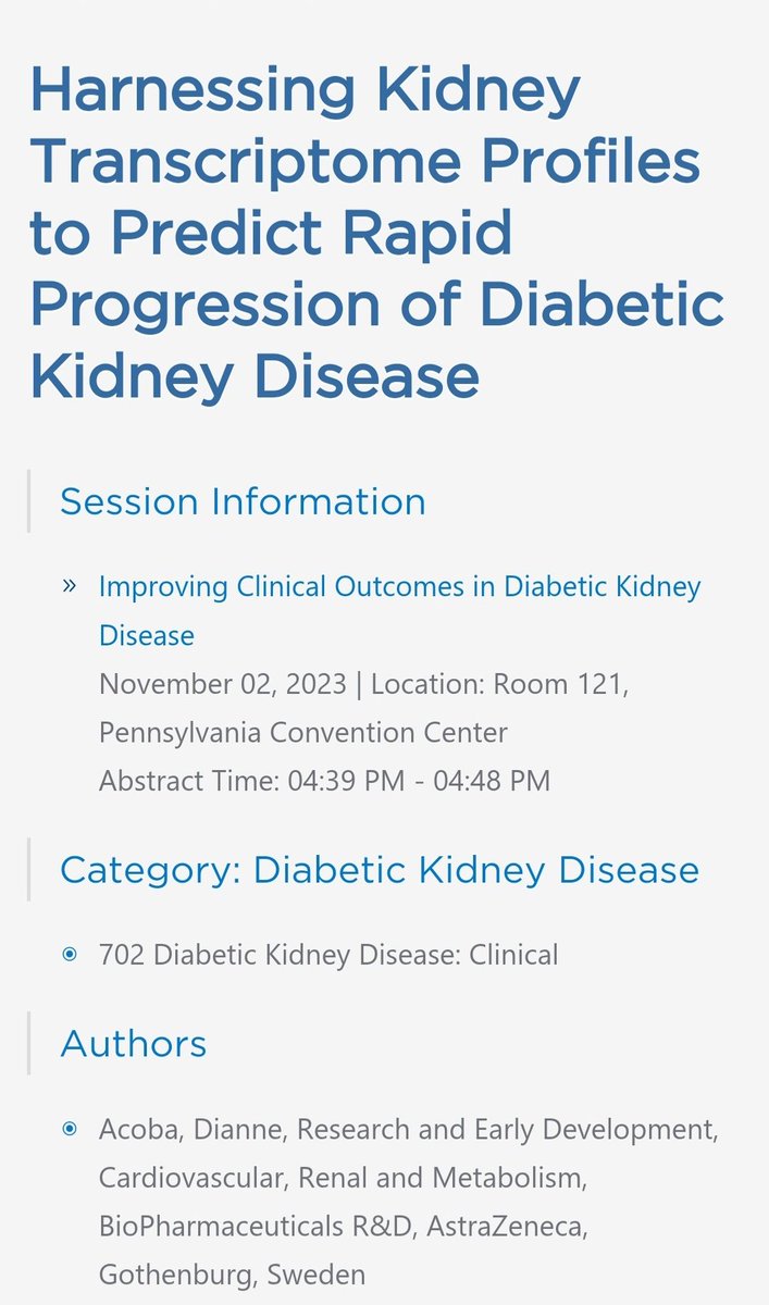 I'm excited to share that I have an oral abstract presentation "Harnessing kidney transcriptome profiles to predict diabetic kidney disease progression" at <a href="/ASNKidney/">American Society of Nephrology</a>'s #KidneyWk on November 2 in Philly! You can find the abstract and the schedule here: asn-online.org/education/kidn…