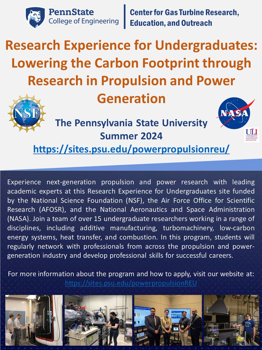GTREO is hosting our second Low-Carbon Power and Propulsion Technologies Research Experience for Undergrads in May - August 2024. Our first year was a massive success and we're looking for new recruits! Check out our website and flyer below: sites.psu.edu/powerpropulsio…