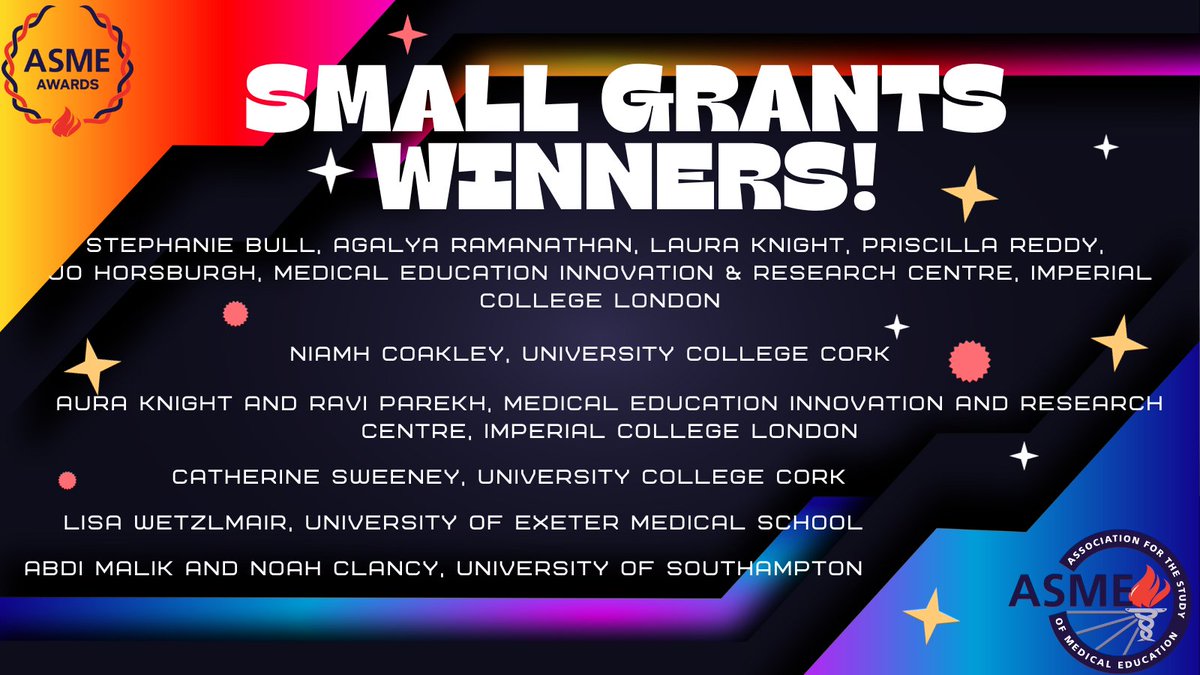 asmeofficial's tweet photo. Congrats to all our recent Small Grants Winners! https://t.co/OXgPT0mOse  
#MedEd @mistapage @Megan_EL_Brown @StephBull7 @Agalyaramanath1 @DrLauraKnight1 Prof Priscilla Reddy @johorsburgh Dr Lynelle Govender @katie_scott1 @Imperial_MEdIC @raviparekh86 @UCCMedEd @lisawetzlmair https://t.co/9yhV84Fj6g
