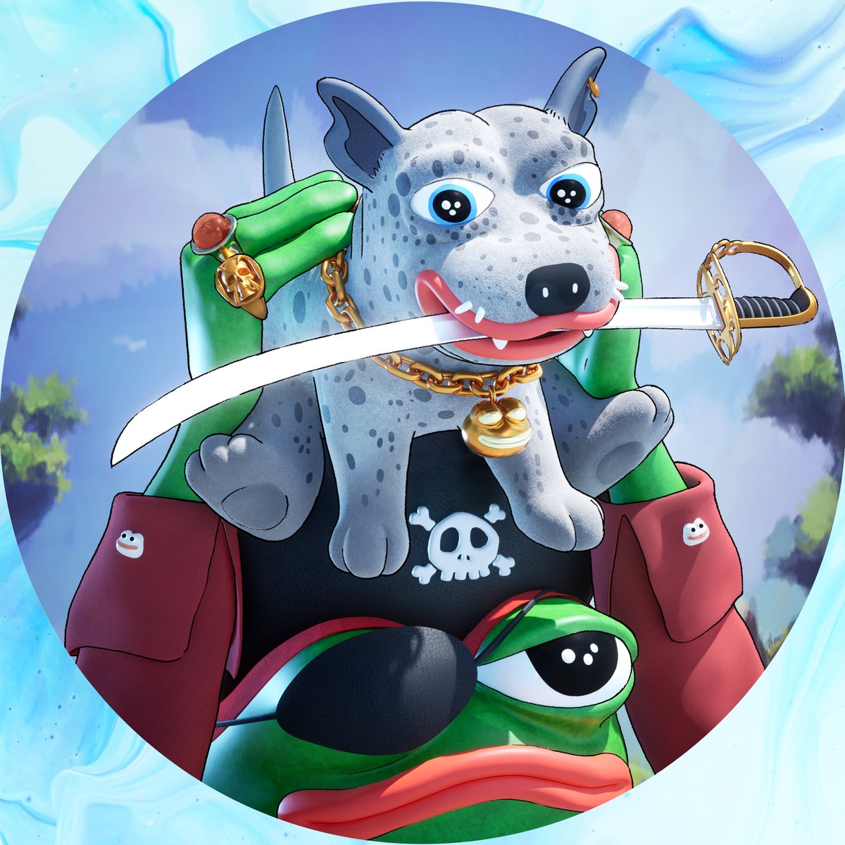 ZEUS &amp; PIRATE PEPE SKULL 🐸💀🐕🏴‍☠️

This skull is the fifty-seventh NFT 1/1 from the "Skulls of Pepe" collection. 🥳

Thanks <a href="/jaggedsoft/">jagged</a>  for his support to my creations. happy to have realized Zeus in 3d for the accasion. 

Zeus is Jagged's dog and has become a Meme in many