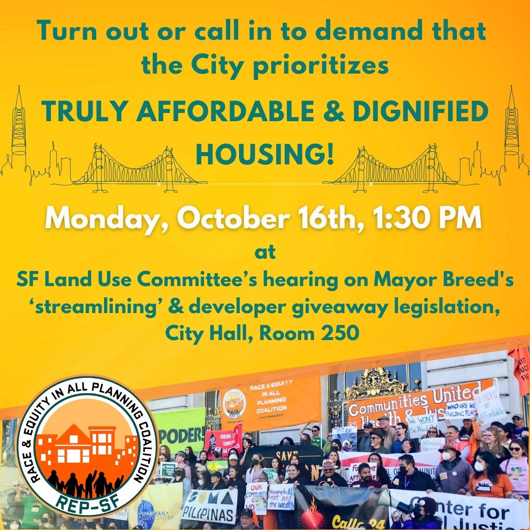 TURN OUT or CALL IN (Mon. 10/16, 1:30pm) to demand the City prioritizes truly affordable & dignified housing FIRST! #AffordableFirst The Mayor's 'streamlining' legislation is agenda #7. City Hall, Rm 250 or 📞415-655-0001 / Meeting ID: 2664 094 4017 # #; *3 for public comment.🧵