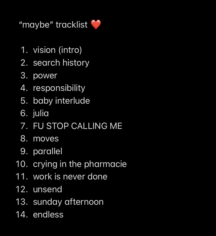 my album is out in 1 week! :') here's the tracklist reveal - reply with your craziest theory about what one of the songs is about!!