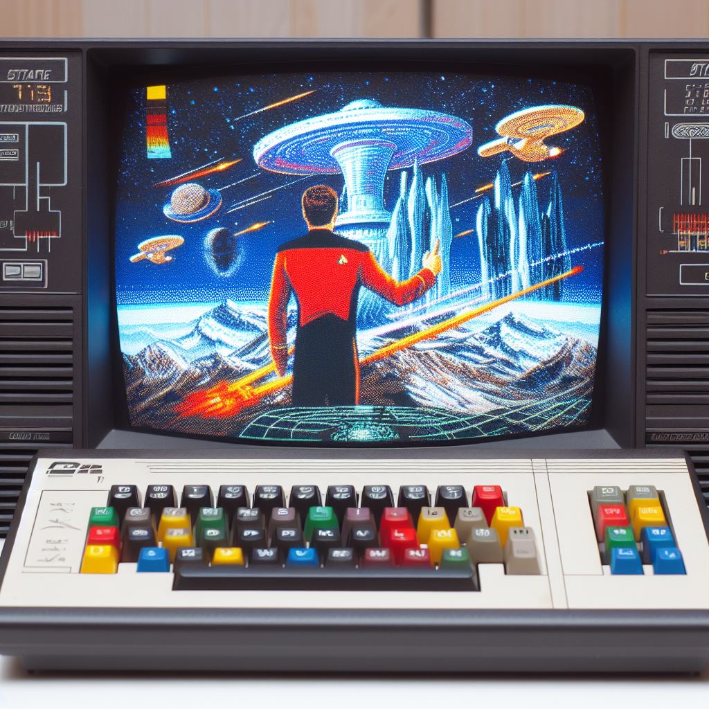 oldyzach's tweet photo. This is what the game Star Trek: The Next Generation looks like running on the #Commodore #C64, according to AI (Microsoft Bing). 

Well... I'm not a big fan of AI generators but I must admit that the images it generates cause me attacks of laughter 🤣 https://t.co/JXSLTJ5kAt