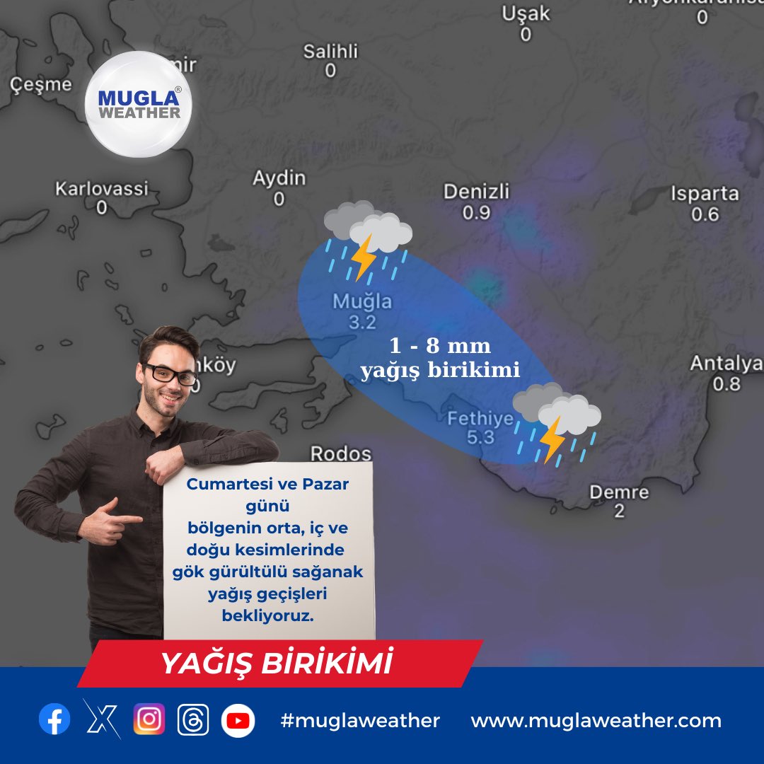 MuglaWeather's tweet photo. Muğla Bölgesi’nde Cumartesi ve Pazar günü yağış alan bölgeler; İç, Orta ve Doğu kesimleri gök gürültülü sağanak yağış geçişleri bekliyoruz. Bodrum, Milas ve Datça’da yağış beklemiyoruz! #MuglaWeather https://t.co/ISqGQTyy6r