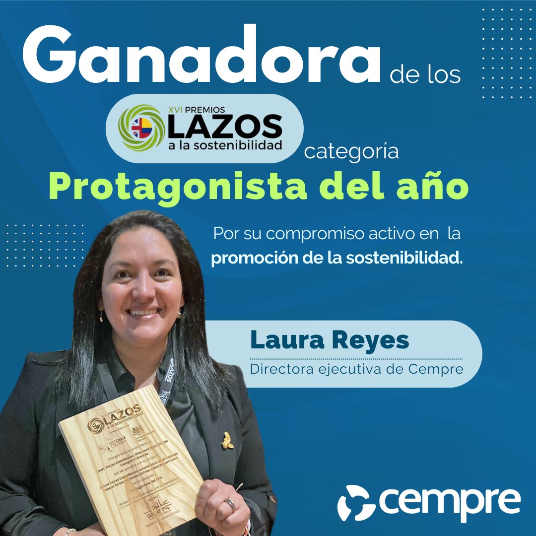 CEMPRE_COLOMBIA's tweet image. Nos emociona compartirles que nuestra directora ejecutiva, Laura Reyes, es ganadora de los XVI Lazos a la Sostenibilidad, categoría 'Protagonista del año' de BritCham Colombia y @UKinColombia 💚😄.

¡Felicitaciones a todos los galardonados!

#Sostenibilidad #PremiosLazos #Cempre