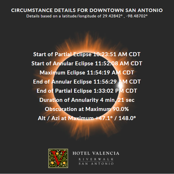 Are you visiting San Antonio this weekend? The Annular Eclipse will grace our skies on Saturday! Take note of the estimated times for viewing.
Learn More: bit.ly/3Pr51QN