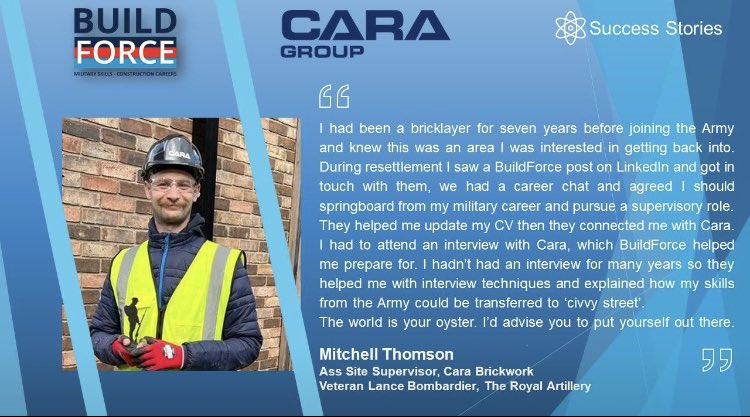 This week's spotlight is Mitchell Thomson; from The Royal Artillery to Assistant Site Supervisor with @caragroup_ 

You can read his full story here: lnkd.in/eRShFsKd

#militarymagic #BuildForceSuccessStories