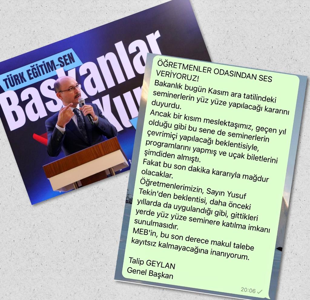 Türk Eğitim Sen Genel Başkanı Talip Geylan da seminerlerin herkesin gittiği yerde alabilmesini içeren bir yazı paylaştı. 

*Başka yerde değil #YüzYüzeSeminereHayır diyoruz. 

Seminere basit bir bakış açısıyla bakmıyoruz. Bu her türlü dayatmanın başlangıcı olacak.