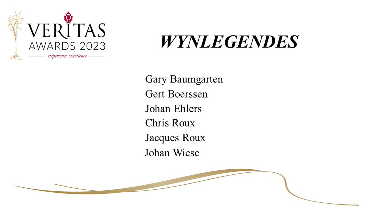 Six living legends honoured at 2023 #VeritasAwards
The Living Legend Scroll of Honour recipients for 2023 are Gary Baumgarten, Gert Boerssen, <a href="/JohanEhlers/">Johan Ehlers</a>, Chris Roux, Jacques Roux, Johan Wiese.
#VeritasLivingLegends #VeritasWineAwards #ExperienceExcellence