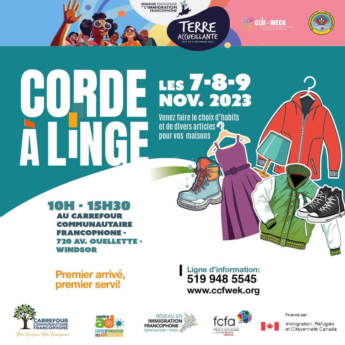 #UneDiversitéQuiNousUnit #immfr  
Merci de partager l'information autour de vous.  
CORDE À LINGE organisé les 7,8,9 Nov. 2023 par le CCFWEK et CLIF-WECK dans la #SemaineNationaleImmigrationFrancophone.
<a href="/CitImmCanFR/">IRCC</a>
@immfrancophone
<a href="/NotreCarrefour/">Carrefour Francophone Windsor</a>
#CLIFWECK #CentreAdoCCFWEK