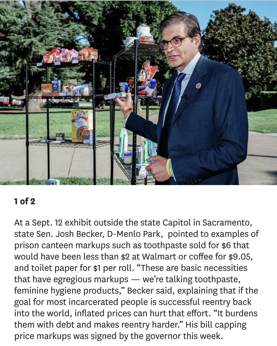 SenJoshBecker's tweet photo. Thanks to the @CAgovernor's signature on #SB474 #TheBasicAct, California is on track to reduce price markups on basic necessities sold in prison canteens. These markups can be as high as 300% & impact families & loved ones of those incarcerated, making it difficult for re-entry. https://t.co/ejqnSHbbGr