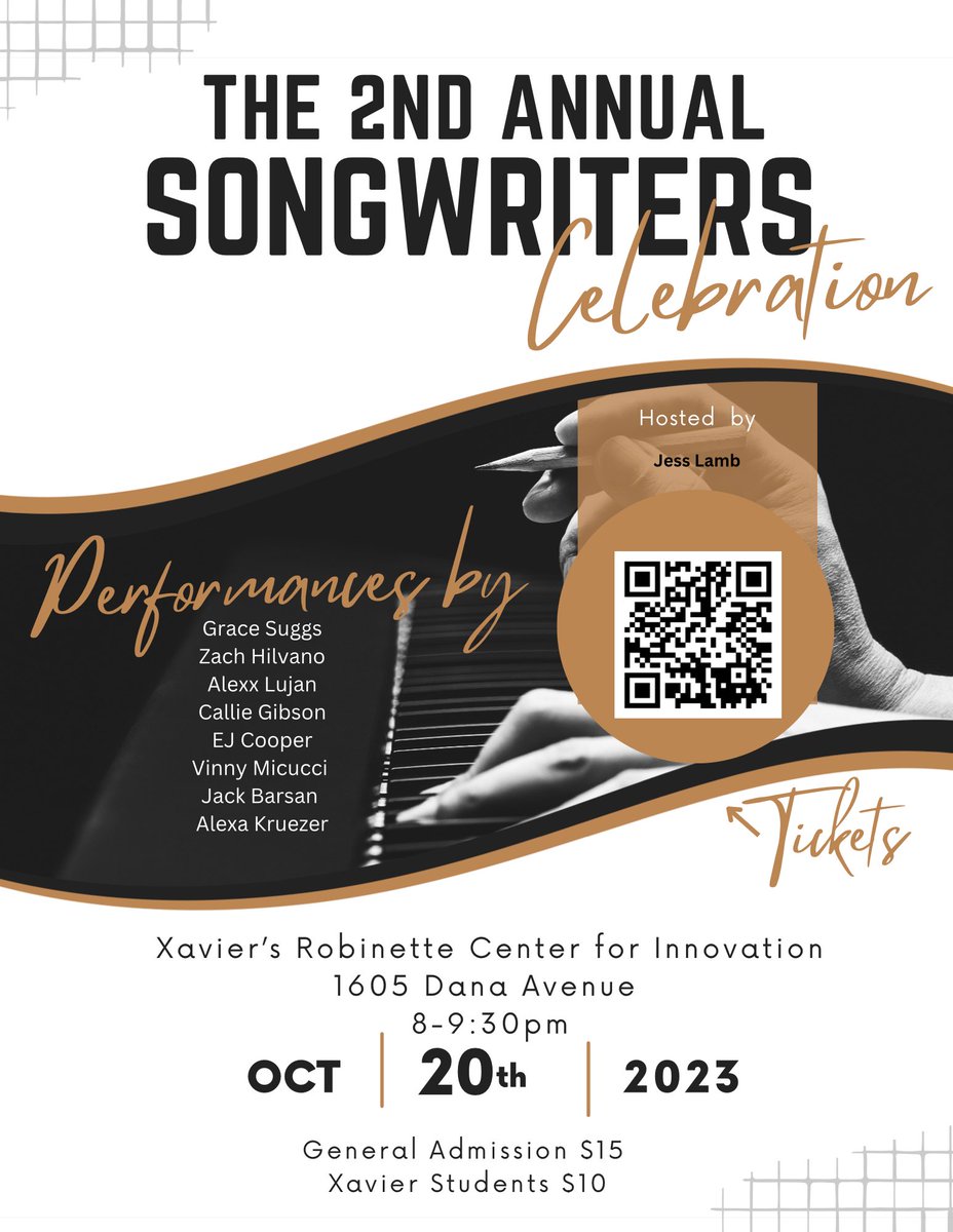 Please Join Xavier’s own songwriters in celebrating their works! During family weekend 2023. 8-9:30 in the center for innovation.