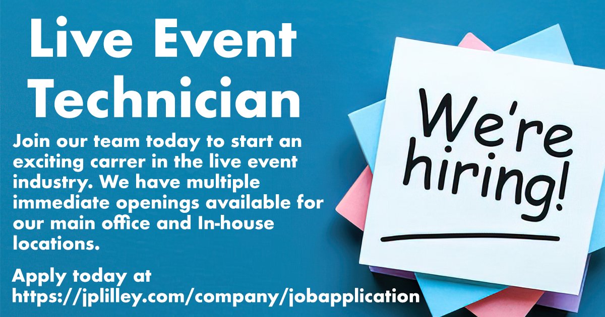 Now Hiring Live Event Technicians!!!
Join our team today to start an exciting carrer in the live event industry. We have multiple immediate openings available for our main office and In-house locations.
Apply today at jplilley.com/company/jobapp…
#nowhiring #hiringnow #liveeventtech