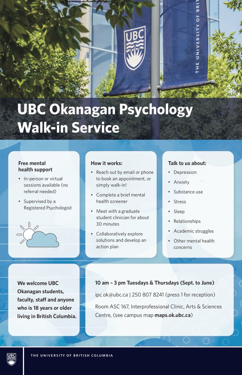 the_CORE_ubco's tweet photo. Recent global events have touched many people across the world. For anyone impacted in our community we wanted to share available resources, including the free UBCO walk-in clinic, available to all community members 18+. https://t.co/azWrCZq41d https://t.co/hDxo4cHnrA