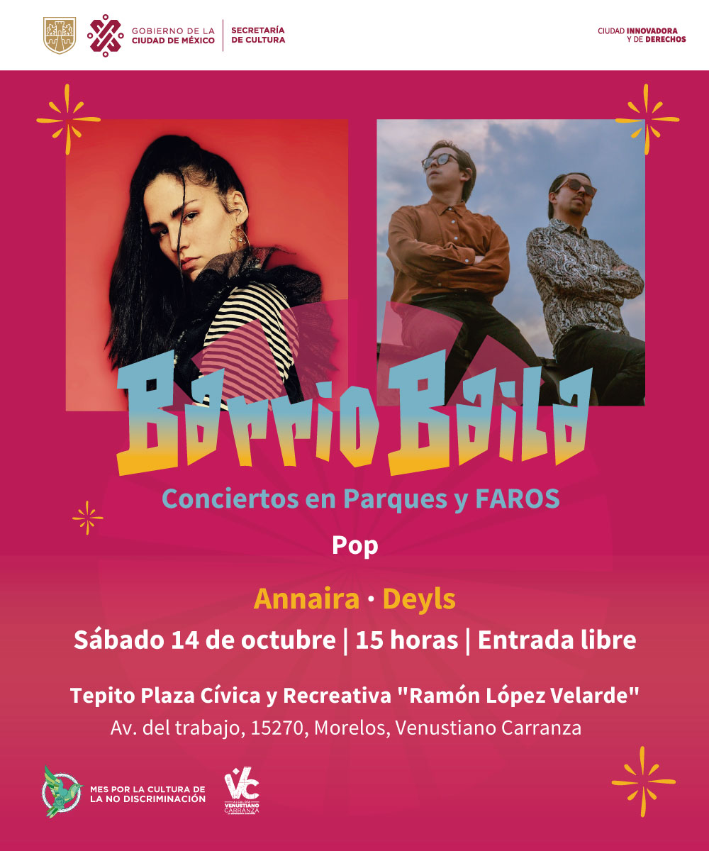 ¡Música en vivo que no te querrás perder! #BarrioBaila con Annaira y <a href="/Deylsmx/">Deyls</a> en Tepito Plaza Cívica y Recreativa "Ramón López Velarde. 

La cita es este sábado 14 de octubre a las 15 horas.

#EntradaLibre

Más información y programación en: bit.ly/BarrioBaila

<a href="/GobCDMX/">Gobierno de la Ciudad de México</a>